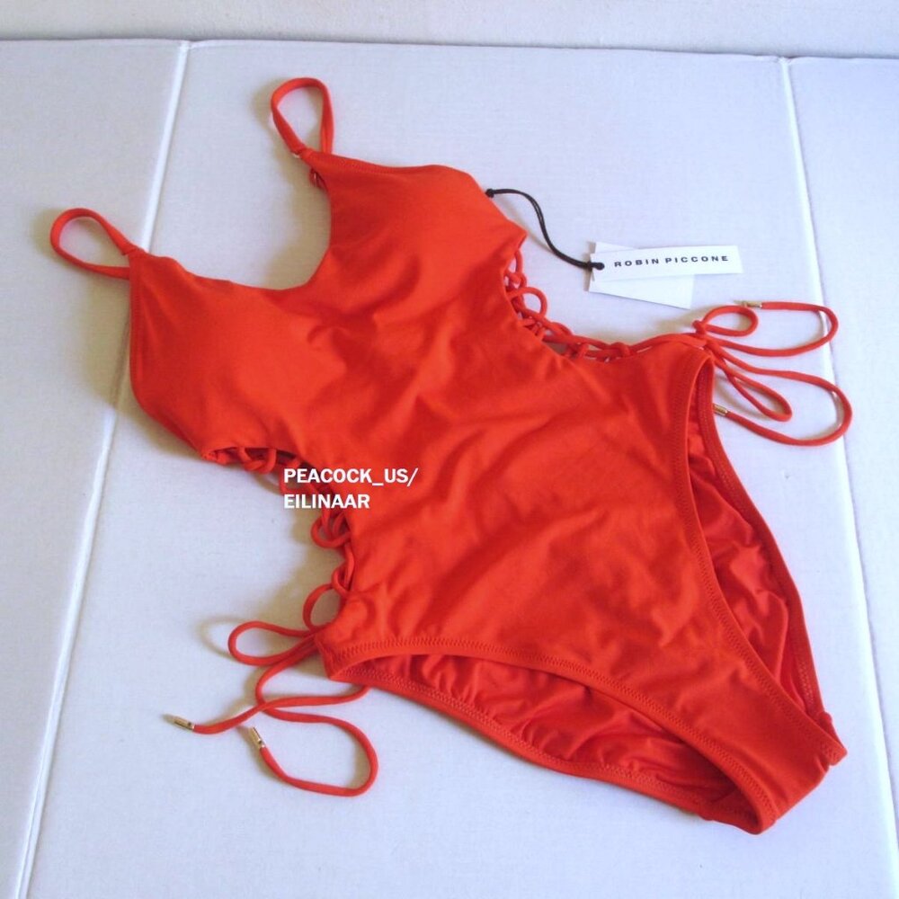 Robin Piccone Aubrey Lace-up One-Piece Swimsuit Size 12 Persimmon $188 NWT - Picture 2 of 12
